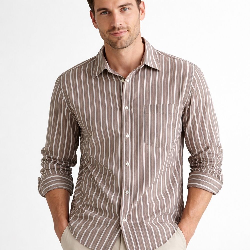 Gap Men’s Brown & White StripedCotton Button Down Classic Fit Shirt Size Large